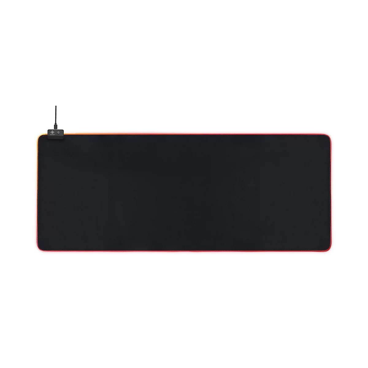 Schwarzes Mauspad mit roter, orangefarbener LED-Beleuchtung am Rand. Am oberen Rand befindet sich ein Bedienfeld mit Logo.