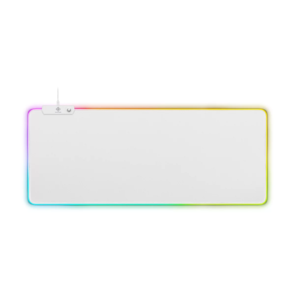 Rechteckiges weißes Gaming-Mauspad mit leuchtendem, mehrfarbigem RGB-LED-Rand vor weißem Hintergrund.