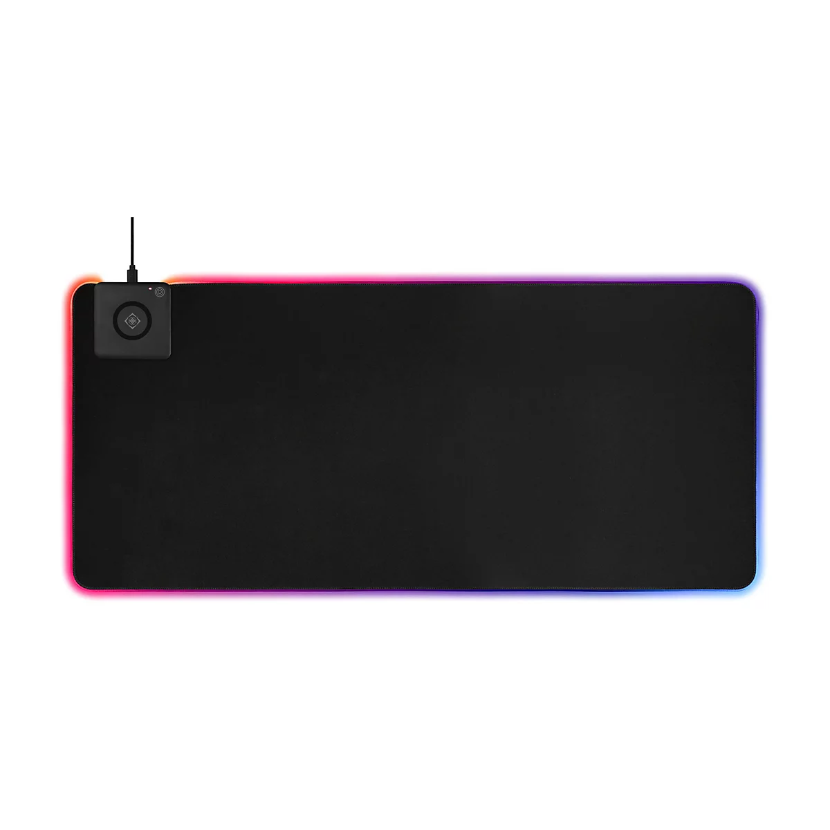 Schwarzes Gaming-Mauspad mit RGB-Beleuchtung und integrierter kabelloser Ladefläche oben links.