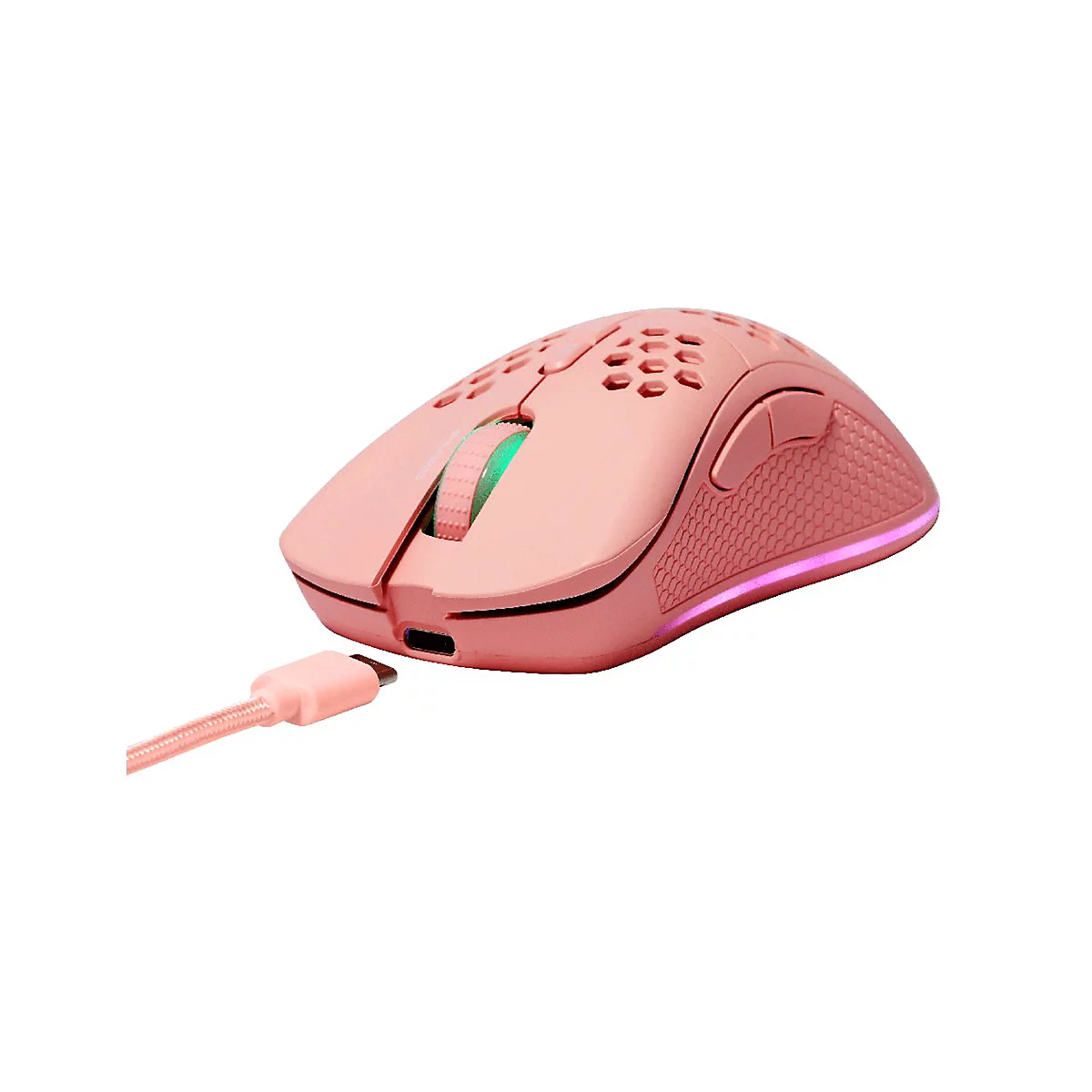 Souris de jeu rose clair, câble connecté, éclairage LED lumineux.