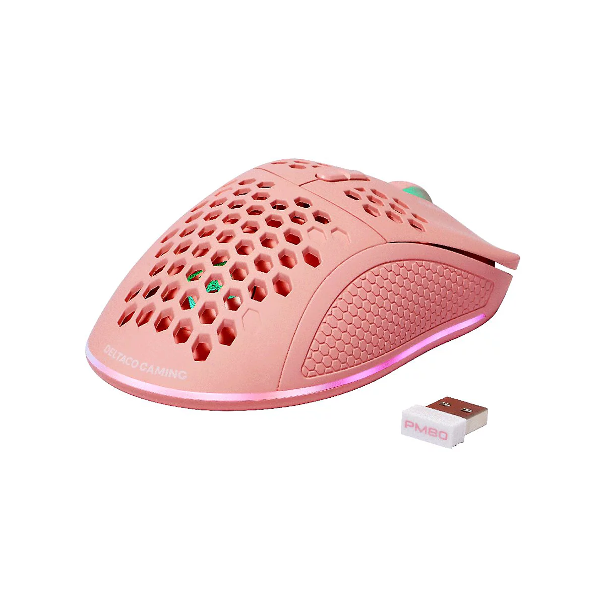 Souris de jeu rose clair avec motif en nid d'abeille et récepteur USB, accentuée par la lumière RVB. Logo : DELTACO GAMING.