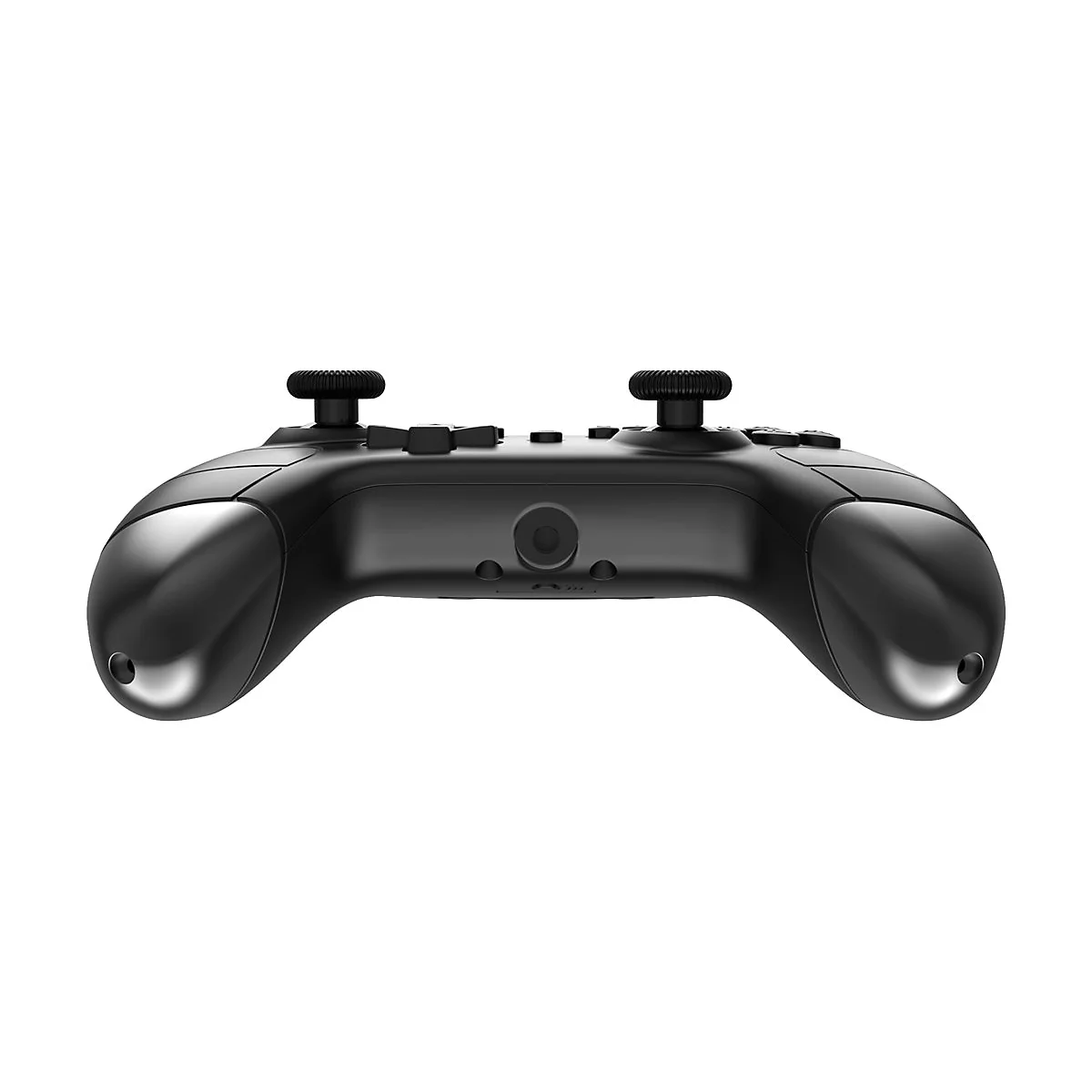 Schwarzer Wireless-Controller für Videospiele in der Vorderansicht auf weißem Hintergrund.