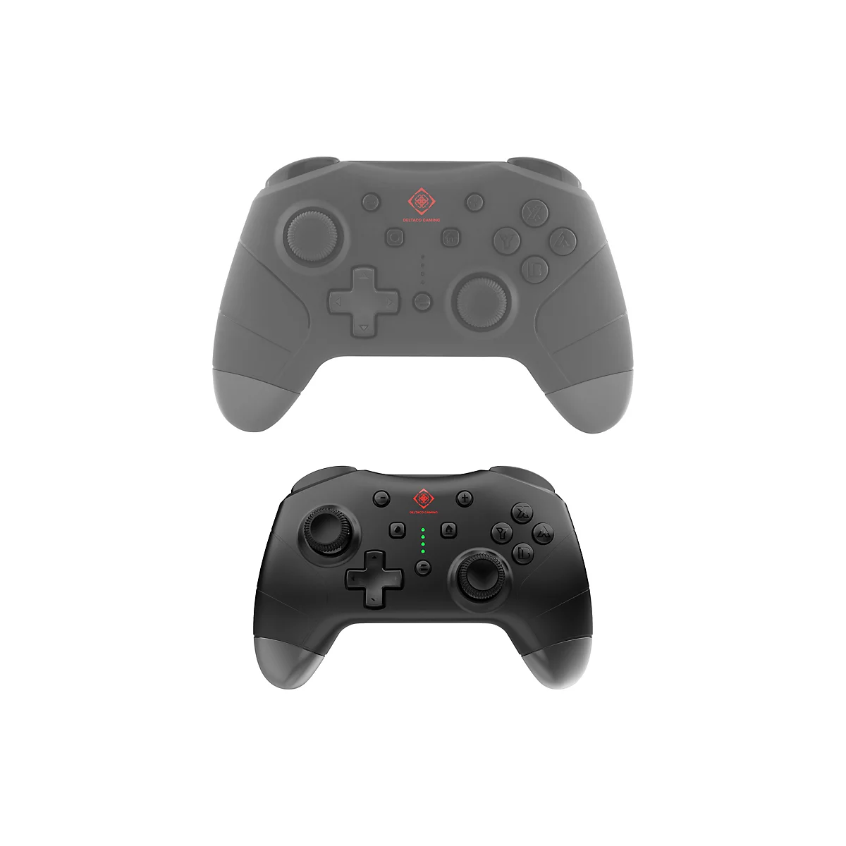 Zwei schwarze Gaming-Controller mit rotem Deltaco-Logo, einer hellgrau schattiert, einer in kräftigem Schwarz.