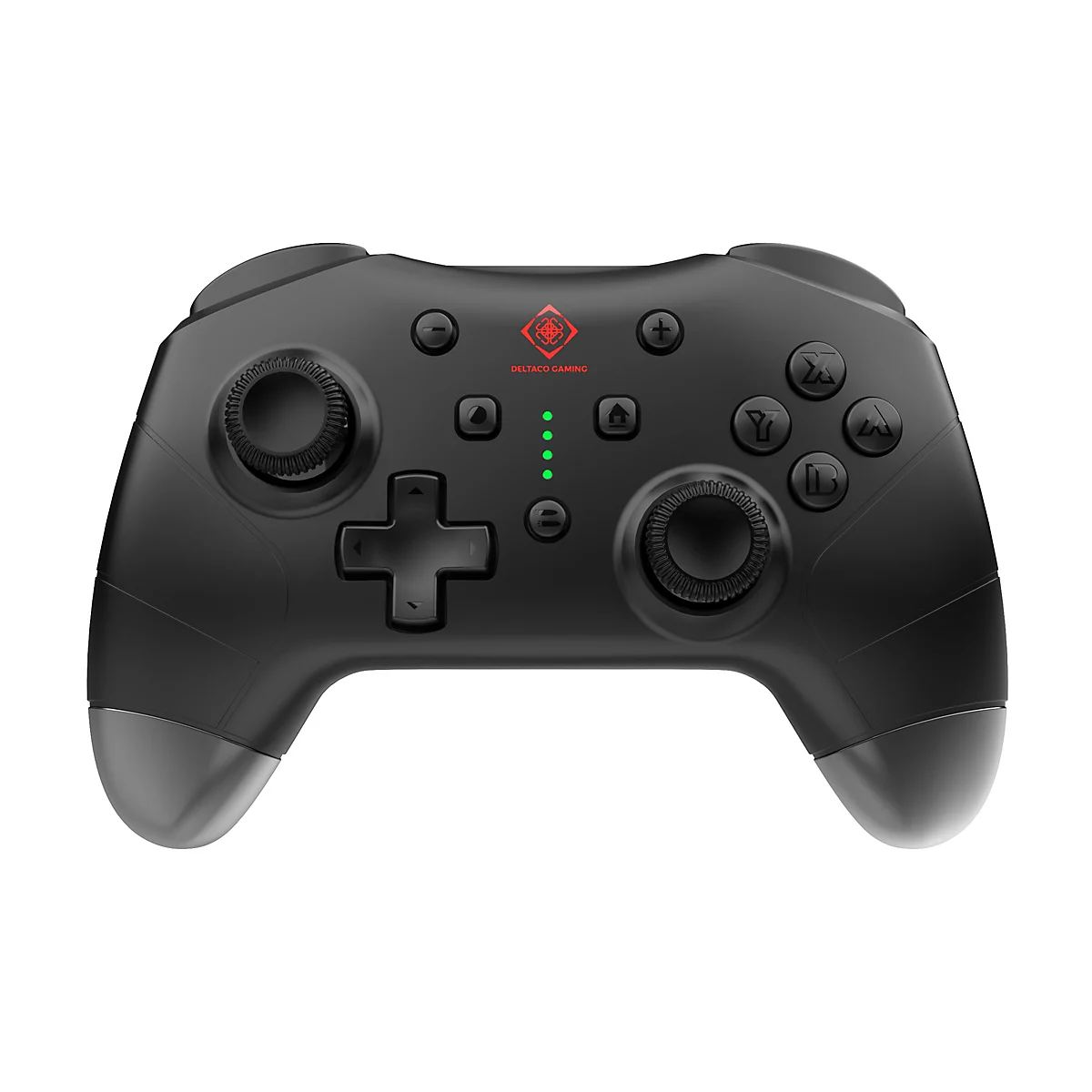 Schwarzer Gaming-Controller mit Deltaco Gaming Logo und beleuchteten Tasten.