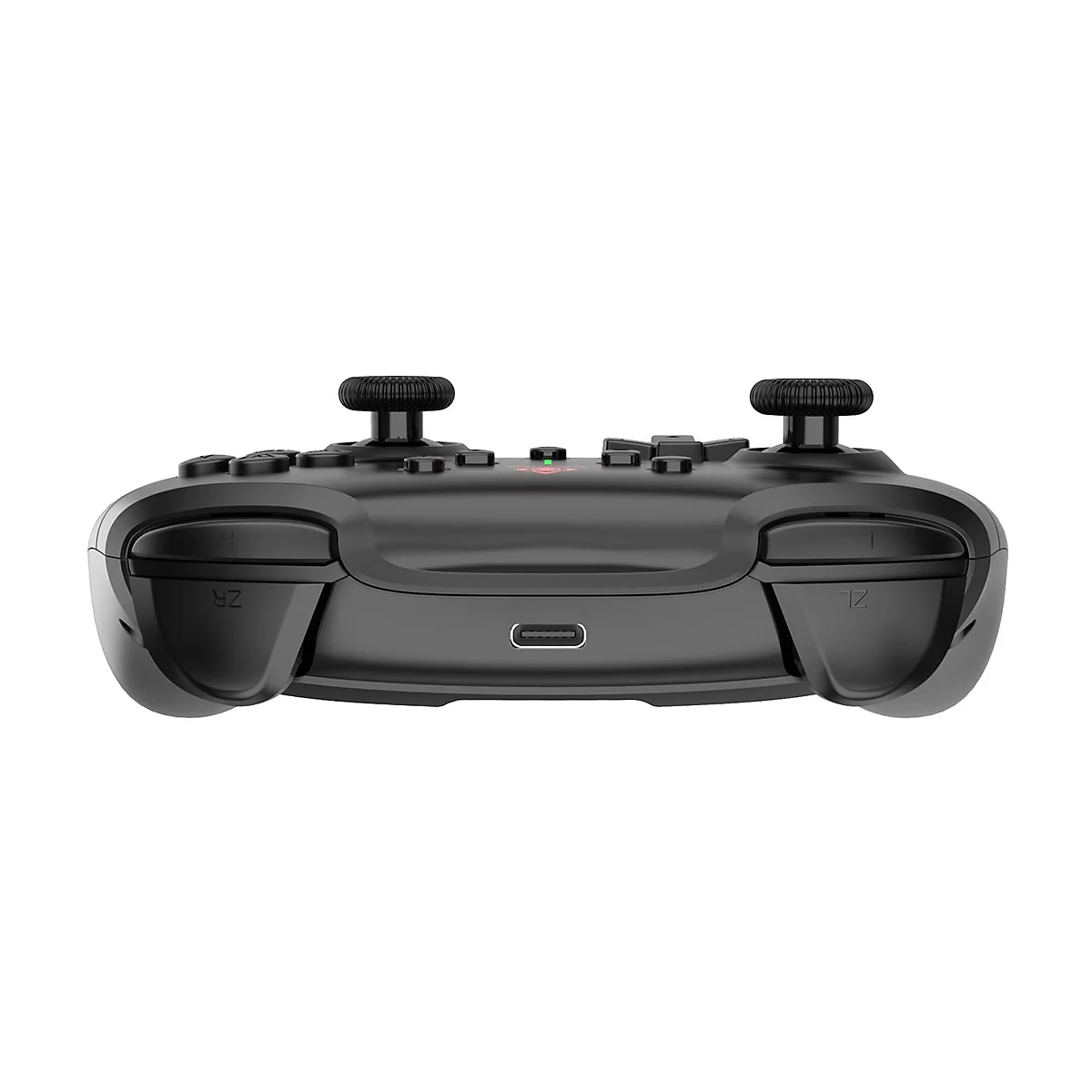 Schwarzer Wireless-Controller mit USB-C-Anschluss in der Vorderansicht.