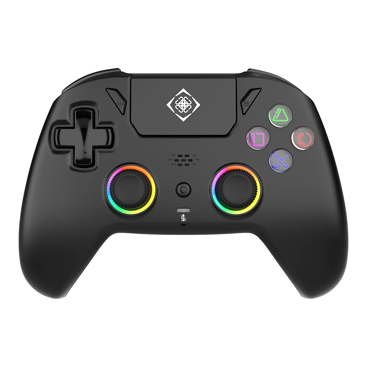 Schwarzer Gaming-Controller mit RGB-beleuchteten Analogsticks und farbigen Aktionstasten vor weißem Hintergrund.