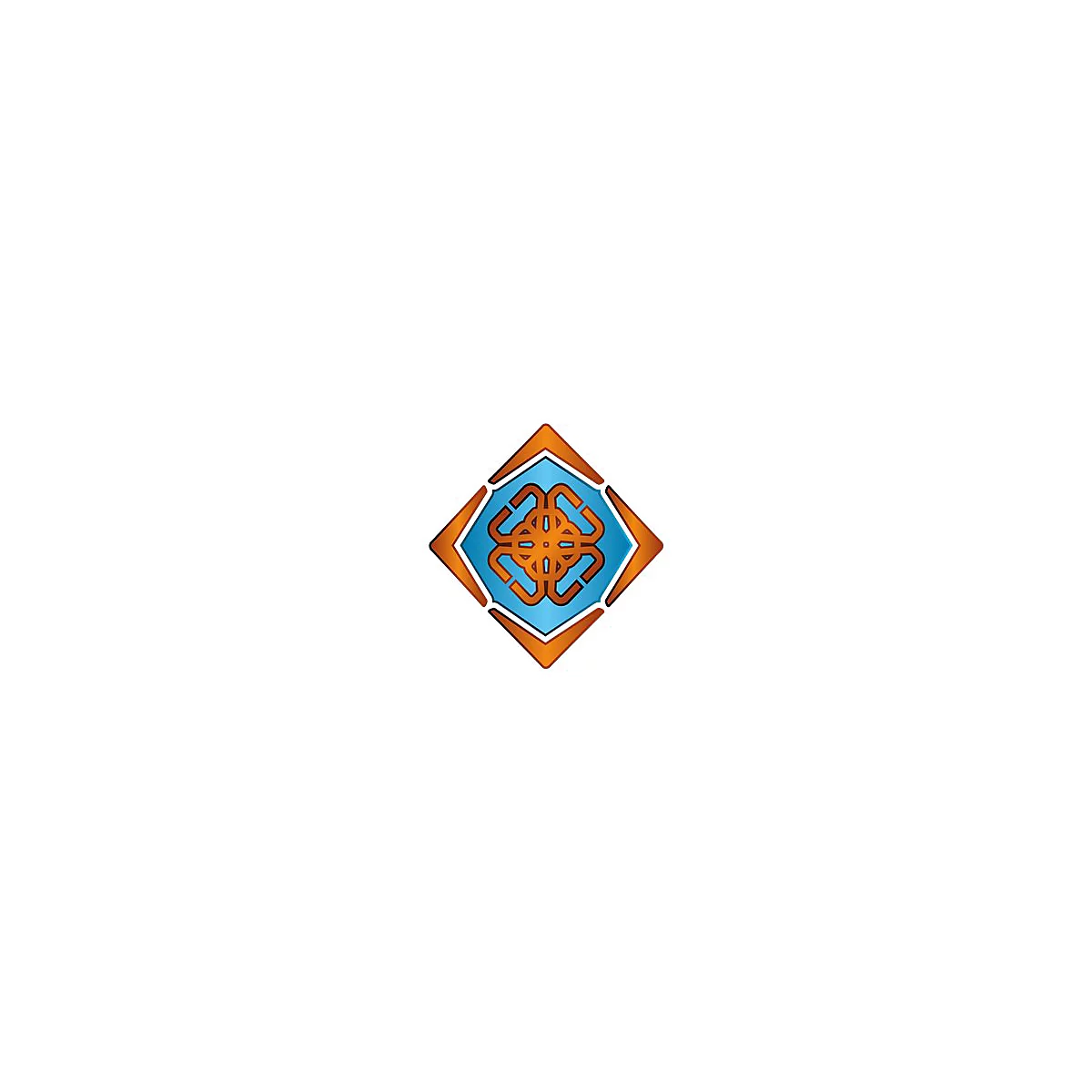 Quadratisches Logo mit orangefarbenem Rahmen, blauem Hintergrund und einem verschlungenen, goldenen Ornament.