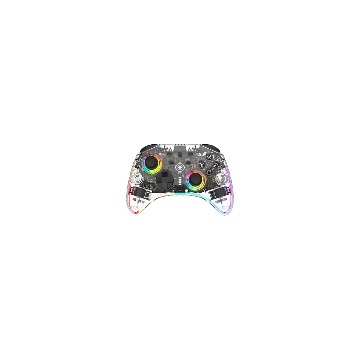 Transparenter Gaming-Controller mit bunter RGB-Beleuchtung um die Analogsticks.
