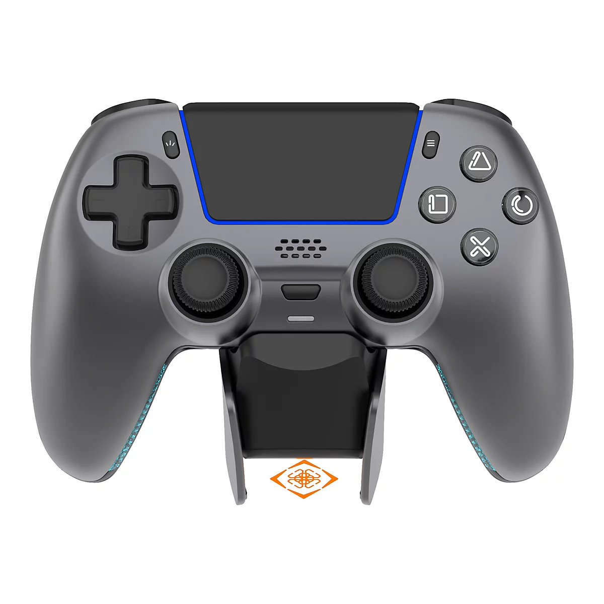 Grauer Gaming-Controller auf einer schwarzen Halterung vor weißem Hintergrund.