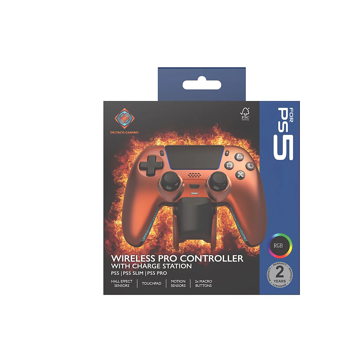 Kupferfarbener Wireless-Controller mit Ladestation in einer schwarzen Verpackung mit Flammenmotiv.