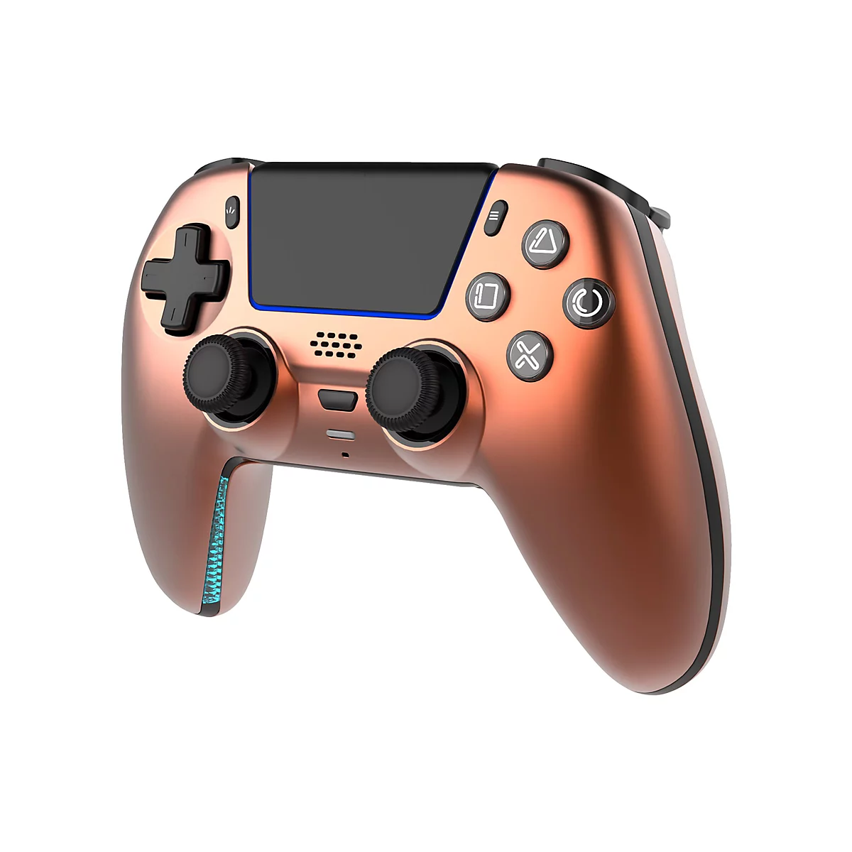 Kupferfarbener Gaming-Controller mit schwarzem Touchpad und zwei Joysticks vor weißem Hintergrund.