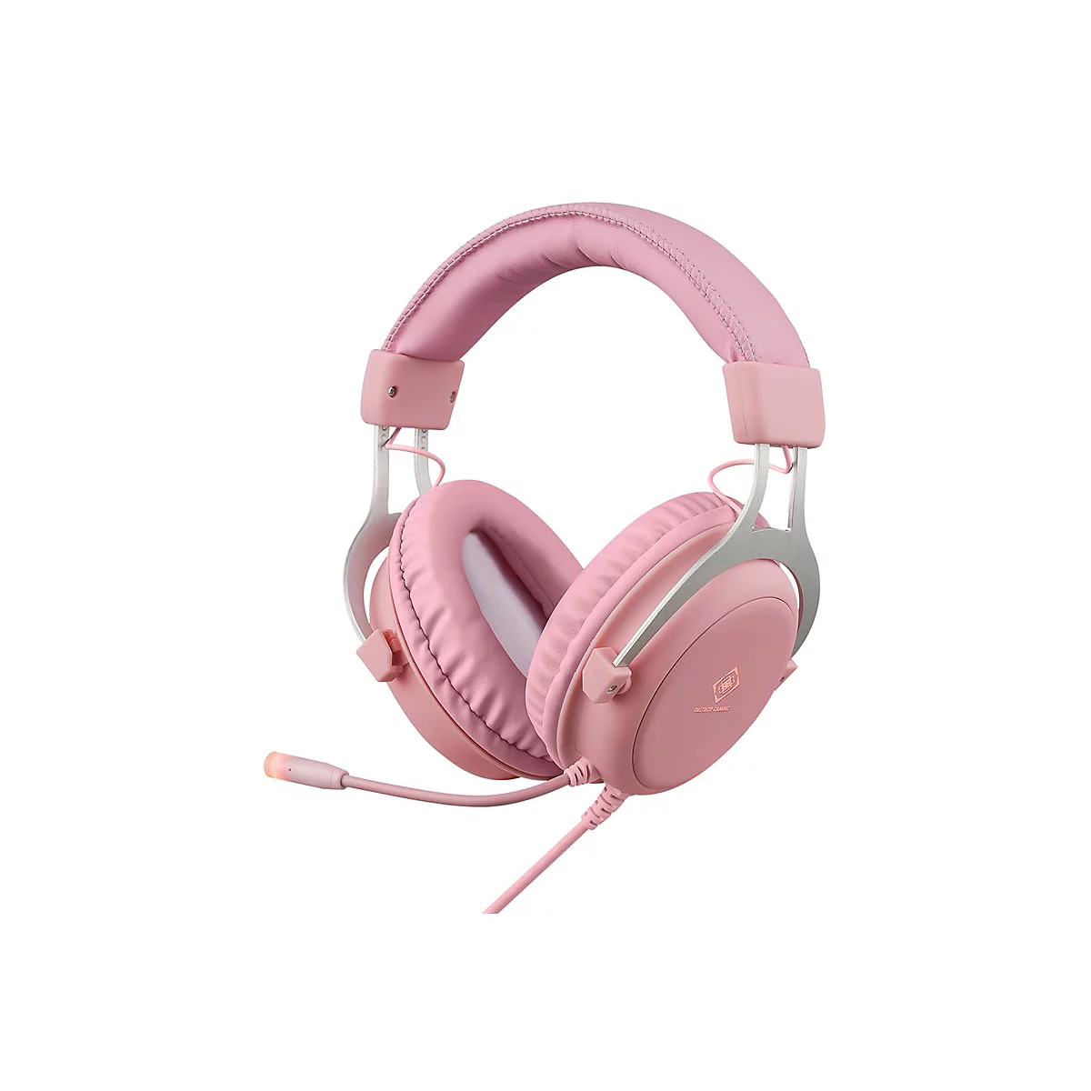Rosa Gaming-Headset mit Ohrpolstern und flexiblem Mikrofon vor weißem Hintergrund.