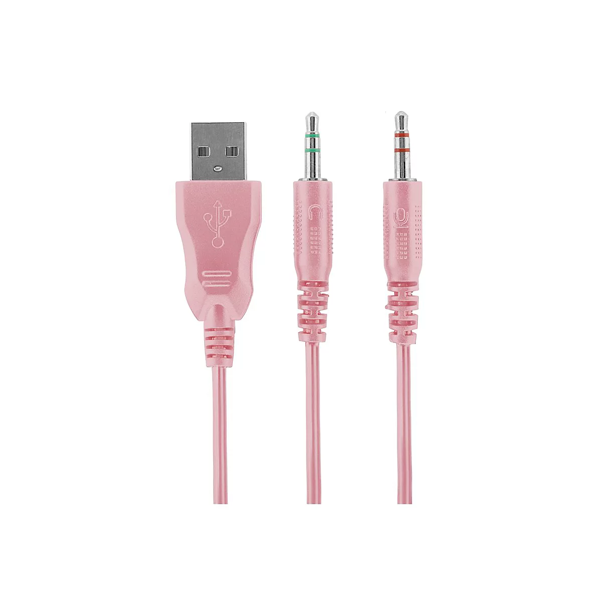 Rosa USB- und zwei 3,5-mm-Klinkenstecker vor weißem Hintergrund.