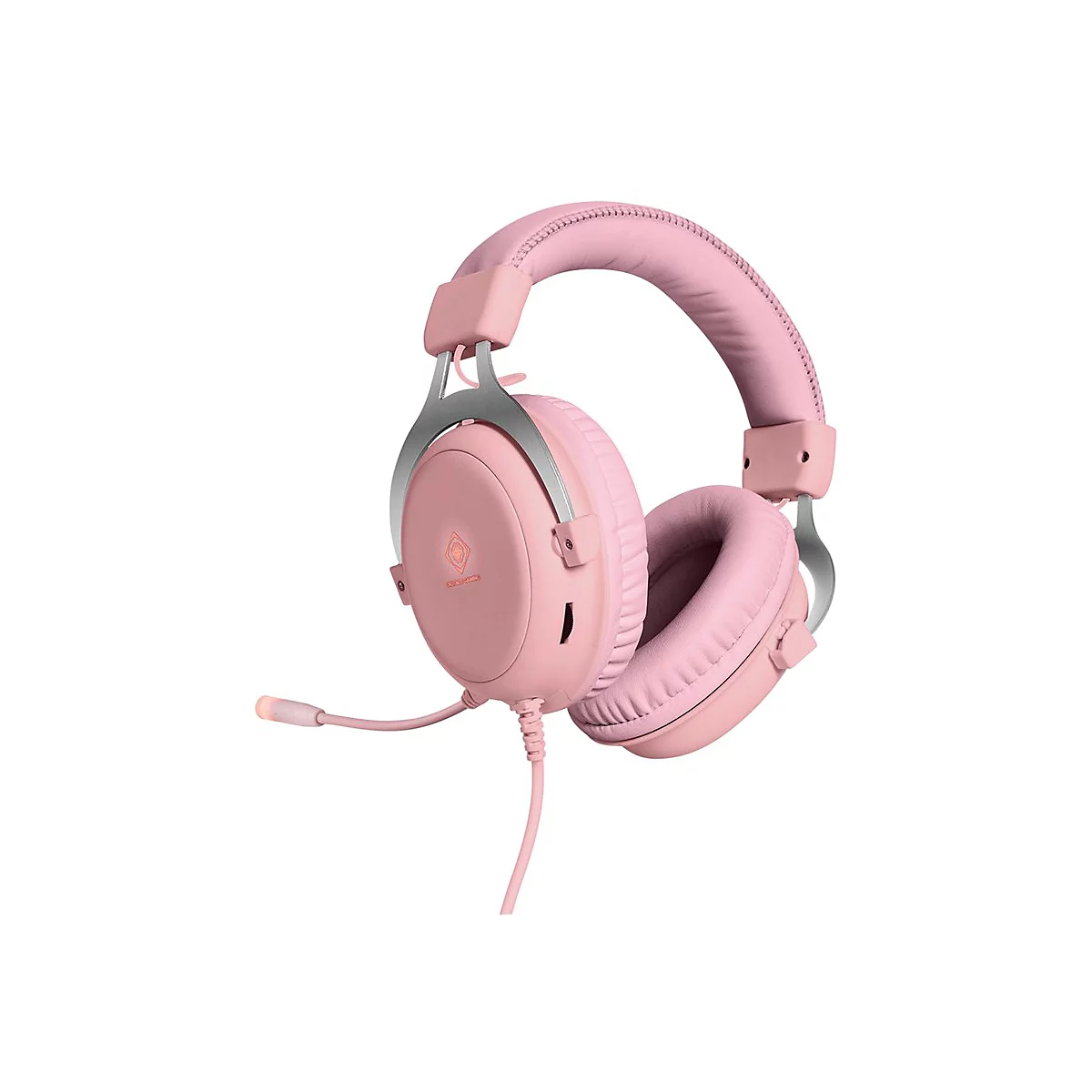 Rosa Gaming-Headset mit Kopfbügel, Ohrmuscheln und integriertem Mikrofon vor weißem Hintergrund.