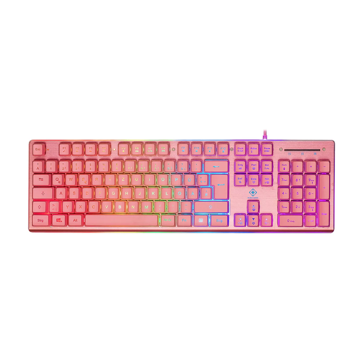 Rosa Gaming-Tastatur mit RGB-Beleuchtung und deutschem QWERTZ-Layout auf weißem Hintergrund.