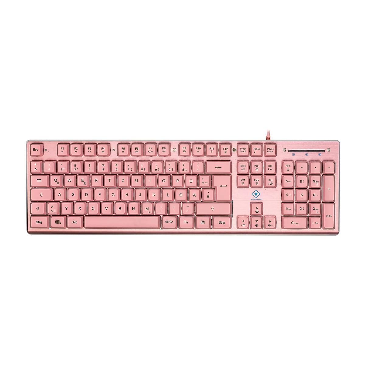 Draufsicht einer rosafarbenen Gaming-Tastatur mit deutschem Layout vor weißem Hintergrund.