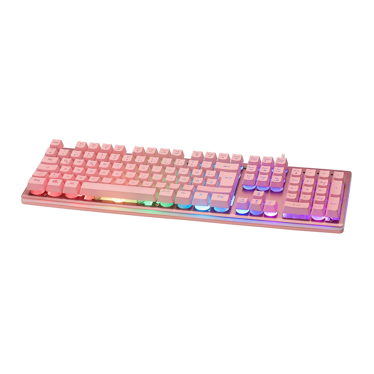 Eine rosa mechanische Tastatur mit RGB-Beleuchtung vor einem weißen Hintergrund.