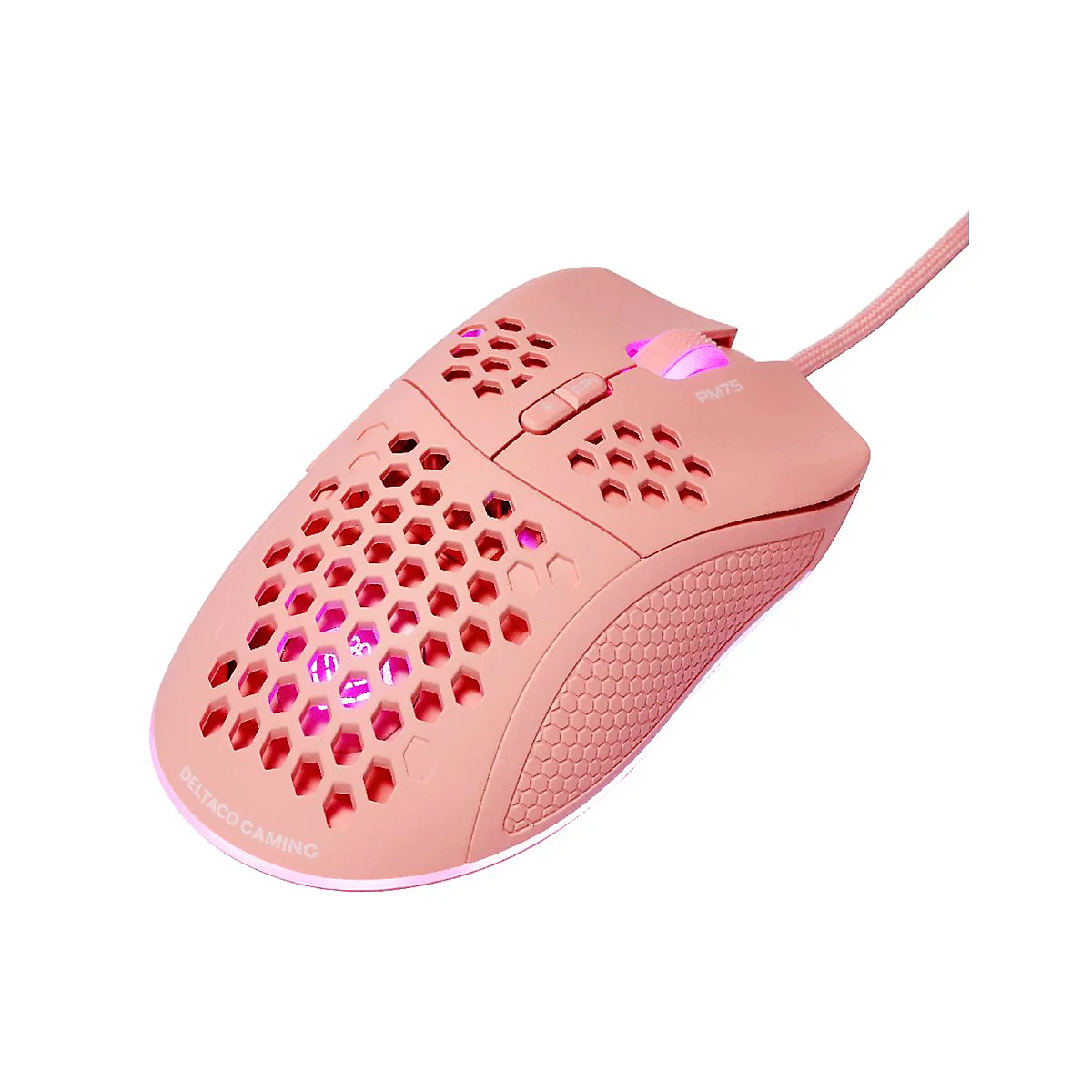 Rosa Gaming-Maus mit Wabenmuster-Gehäuse und leuchtendem RGB-Mausrad vor weißem Hintergrund.