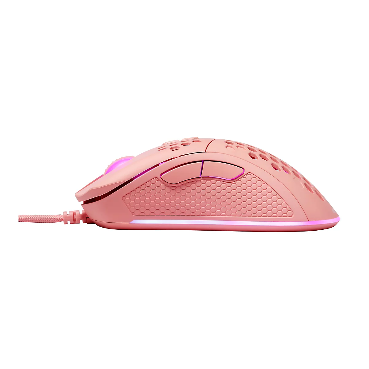 Rosa Gaming-Maus mit Wabenmuster und leuchtender Unterbodenbeleuchtung von der Seite.