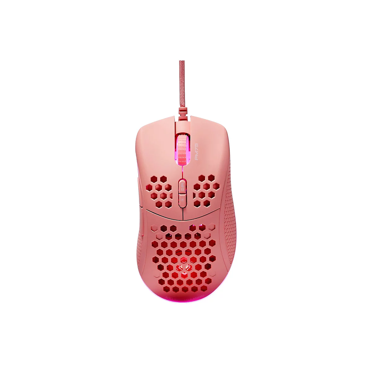 Rosa Gaming-Maus mit Wabenmuster und Kabel vor weißem Hintergrund.
