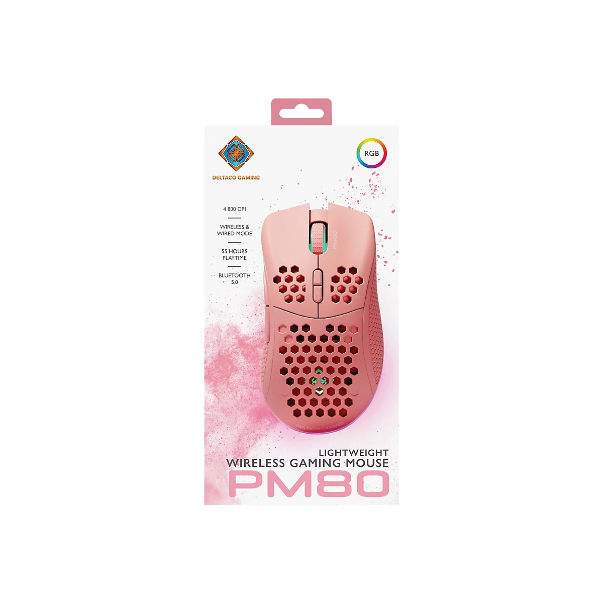 Rosa Gaming-Maus PM80 von Deltaco Gaming mit Wabenmuster in der Verpackung.