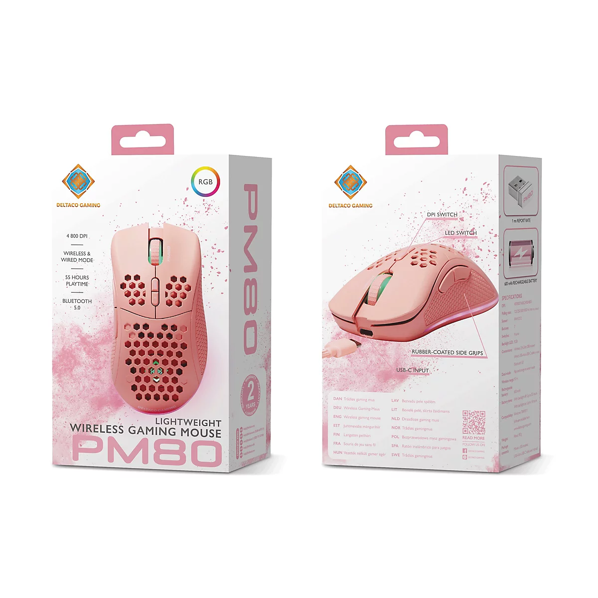 Zwei rosa Deltaco Gaming PM80 Wireless Gaming-Mäuse in ihren Produktverpackungen auf weißem Hintergrund.