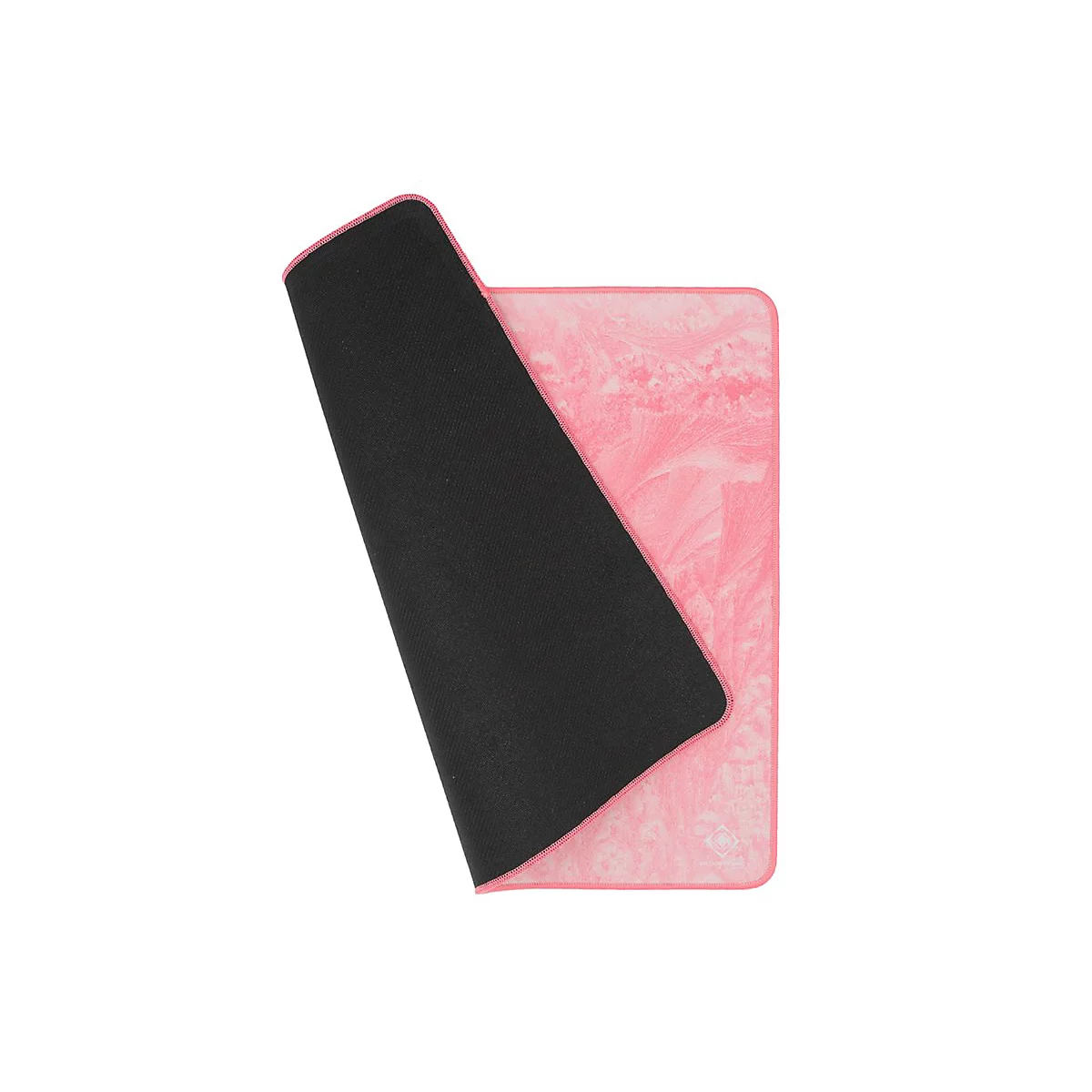 Ein rechteckiges Gaming-Mauspad in Pink mit Eisblumenmuster, das eine schwarze, gummierte Unterseite zeigt.