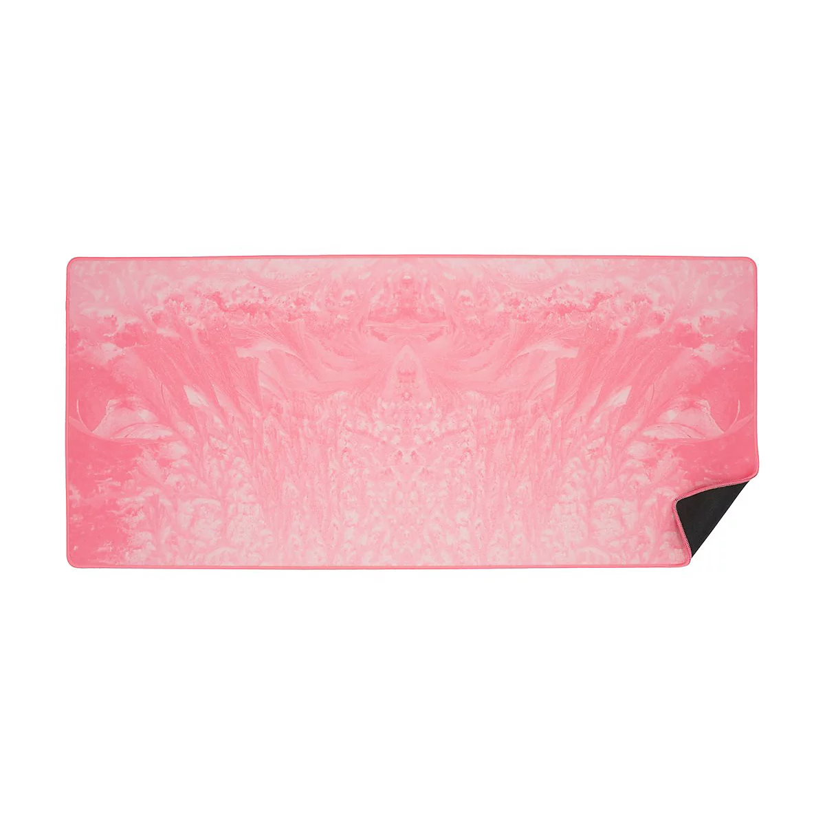 Rechteckige Sportmatte in Rosa mit abstraktem, wolkenartigem Muster und umgeklappter schwarzer Ecke.