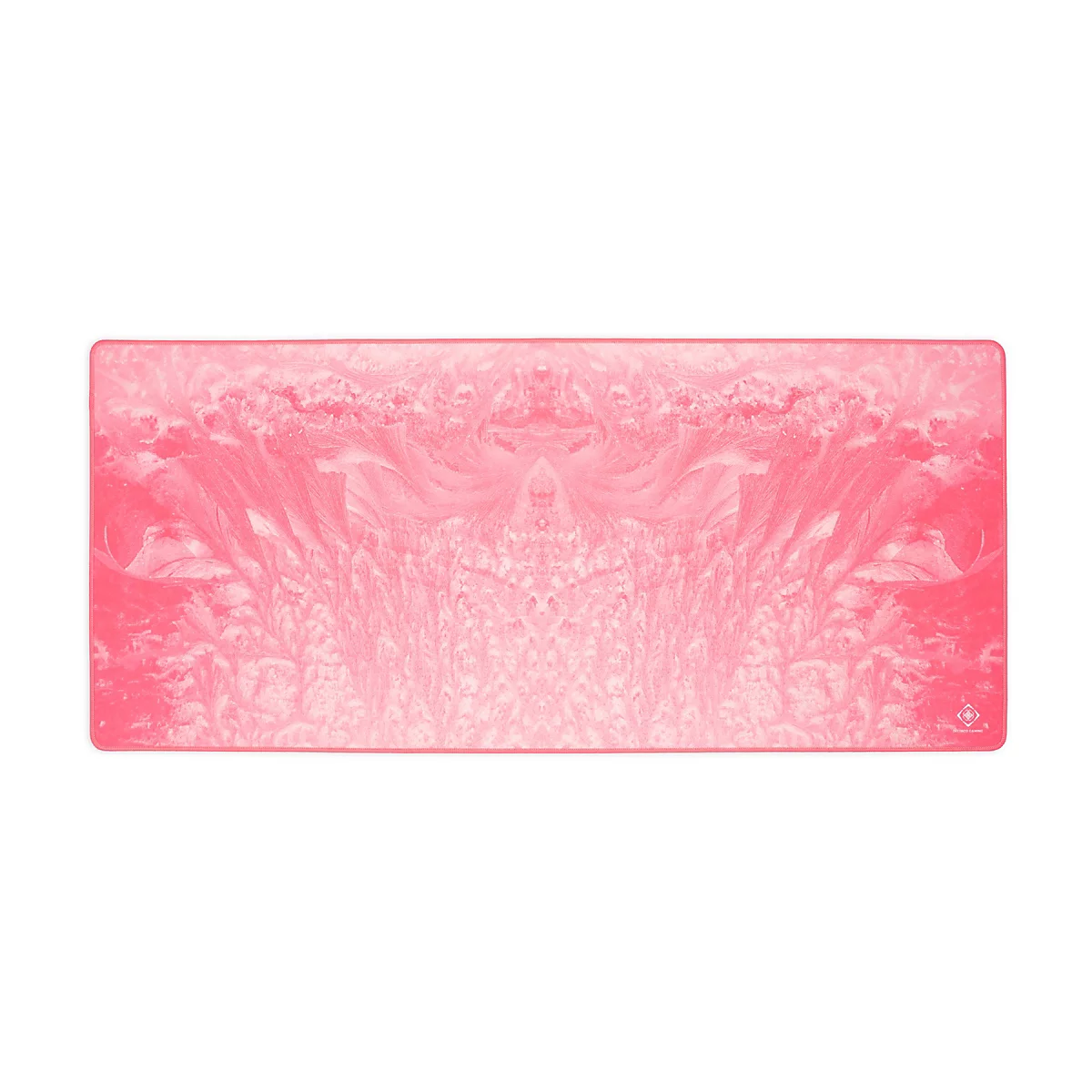 Rechteckiges Gaming-Mauspad in Pink mit abstraktem, frostähnlichem Muster und Logo in der rechten unteren Ecke.