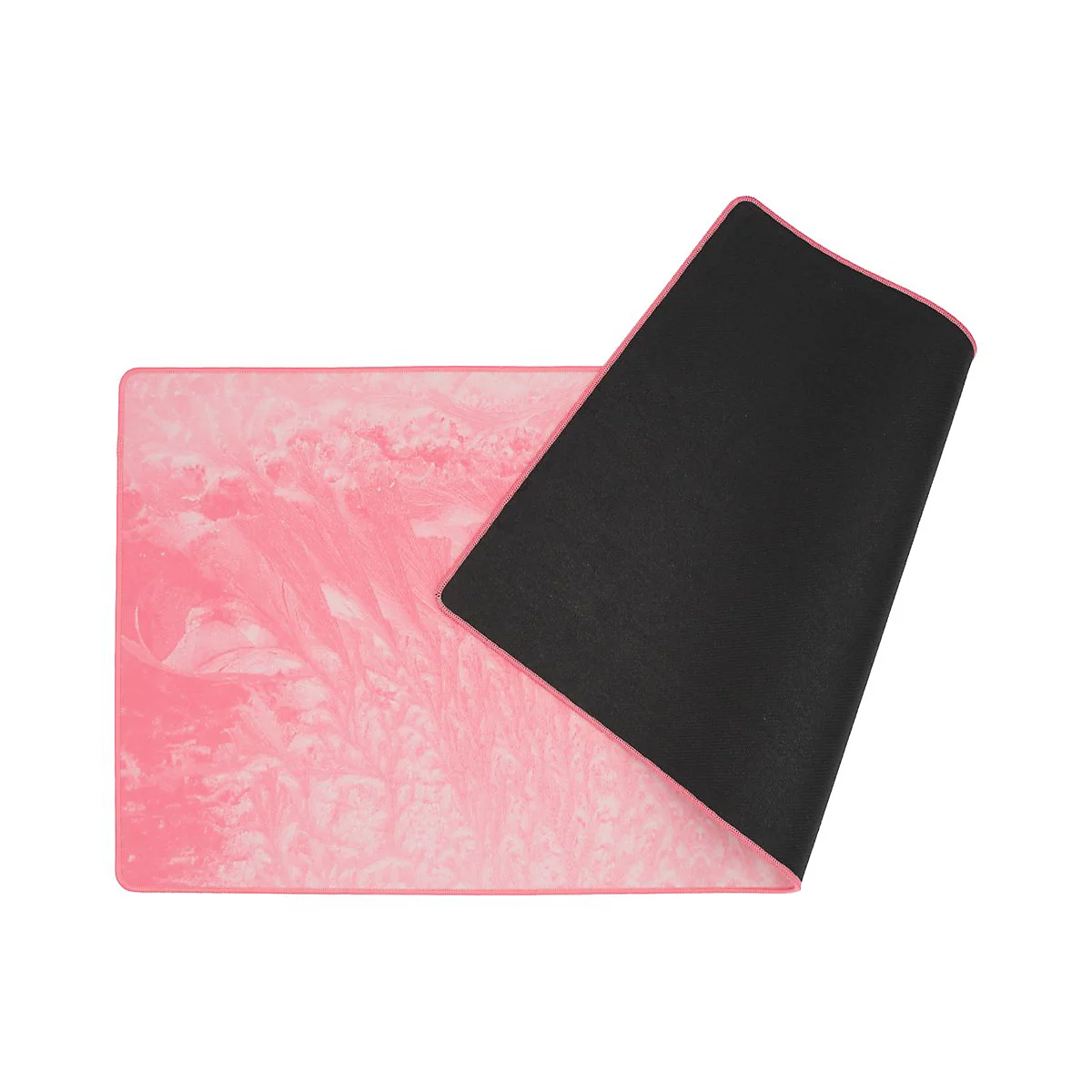 Ein rechteckiges Mauspad mit rosa-weißem Marmormuster und einer schwarzen Unterseite.