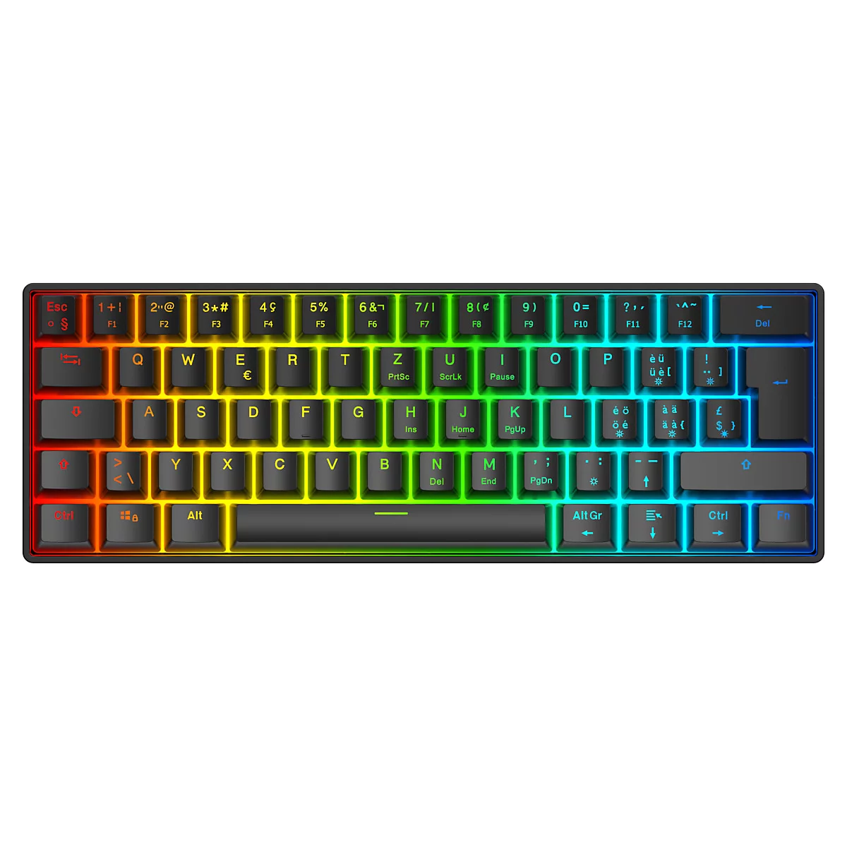 Clavier mécanique noir avec des lumières LED colorées sur les bords et sous les touches.