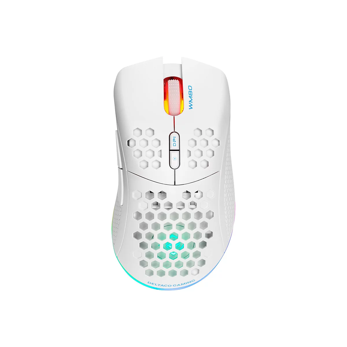 Weiße Gaming-Maus mit Wabenmuster, RGB-Beleuchtung und Deltaco Gaming Logo auf weißem Hintergrund.