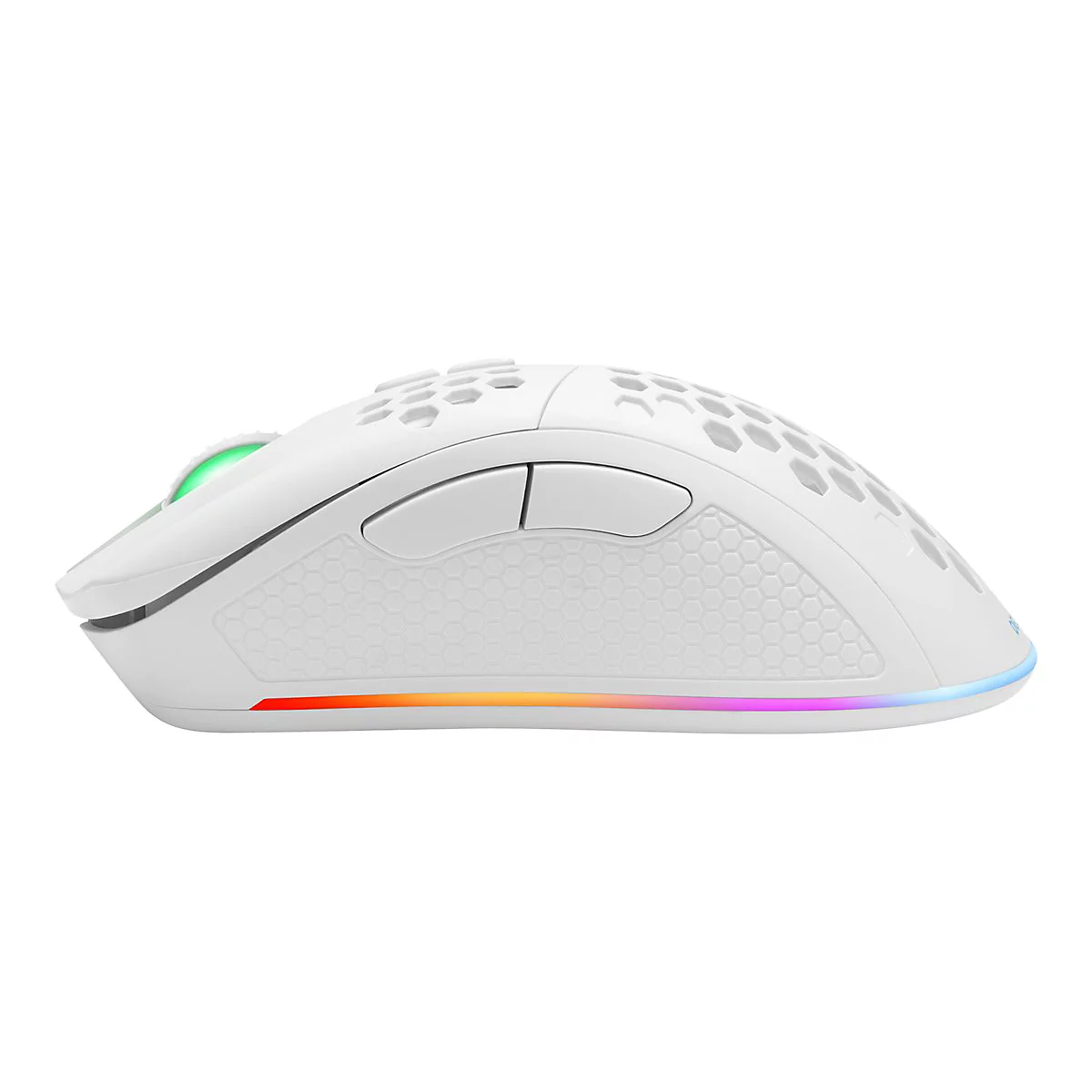 Weiße Gaming-Maus mit Wabenstruktur und RGB-Beleuchtung auf weißem Hintergrund.