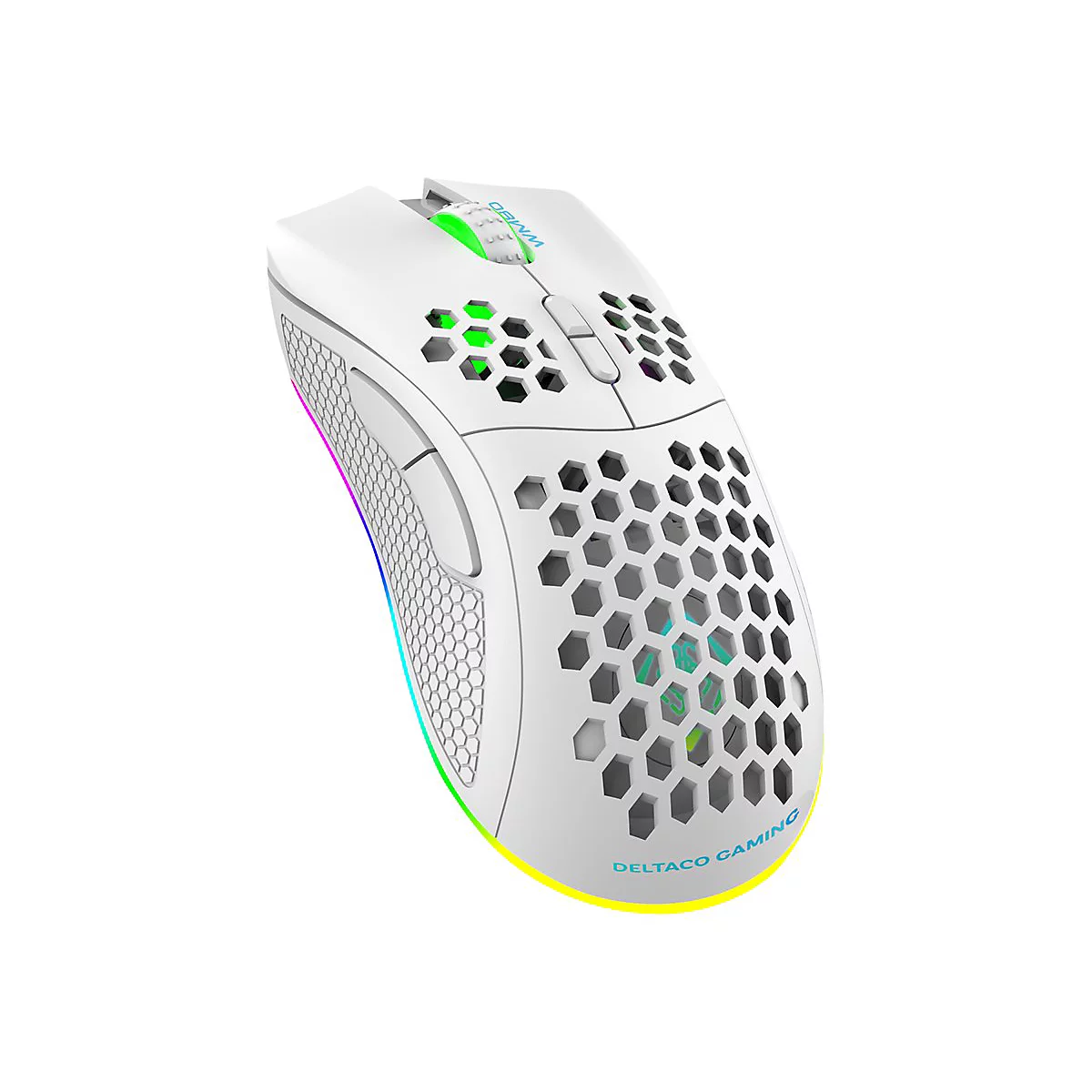 Weiße Gaming-Maus mit Wabenmuster-Gehäuse, RGB-Beleuchtung und seitlichen Daumentasten auf weißem Hintergrund.