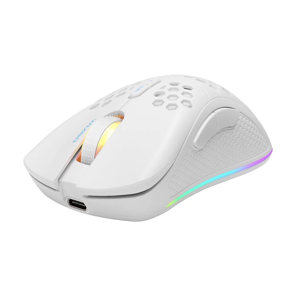 Weiße Gaming-Maus mit Wabenmuster, RGB-Beleuchtung und USB-C-Anschluss vor weißem Hintergrund.