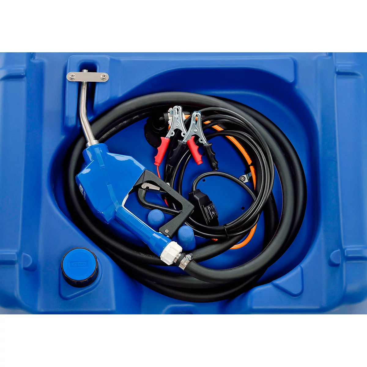 Depósito portátil CEMO Blue-Mobil EASY, con bomba sumergible CENTRI SP30 12 V, depósito de 210 l para AdBlue®, tapa abatible, An 785 x P 595 x Al 685 mm