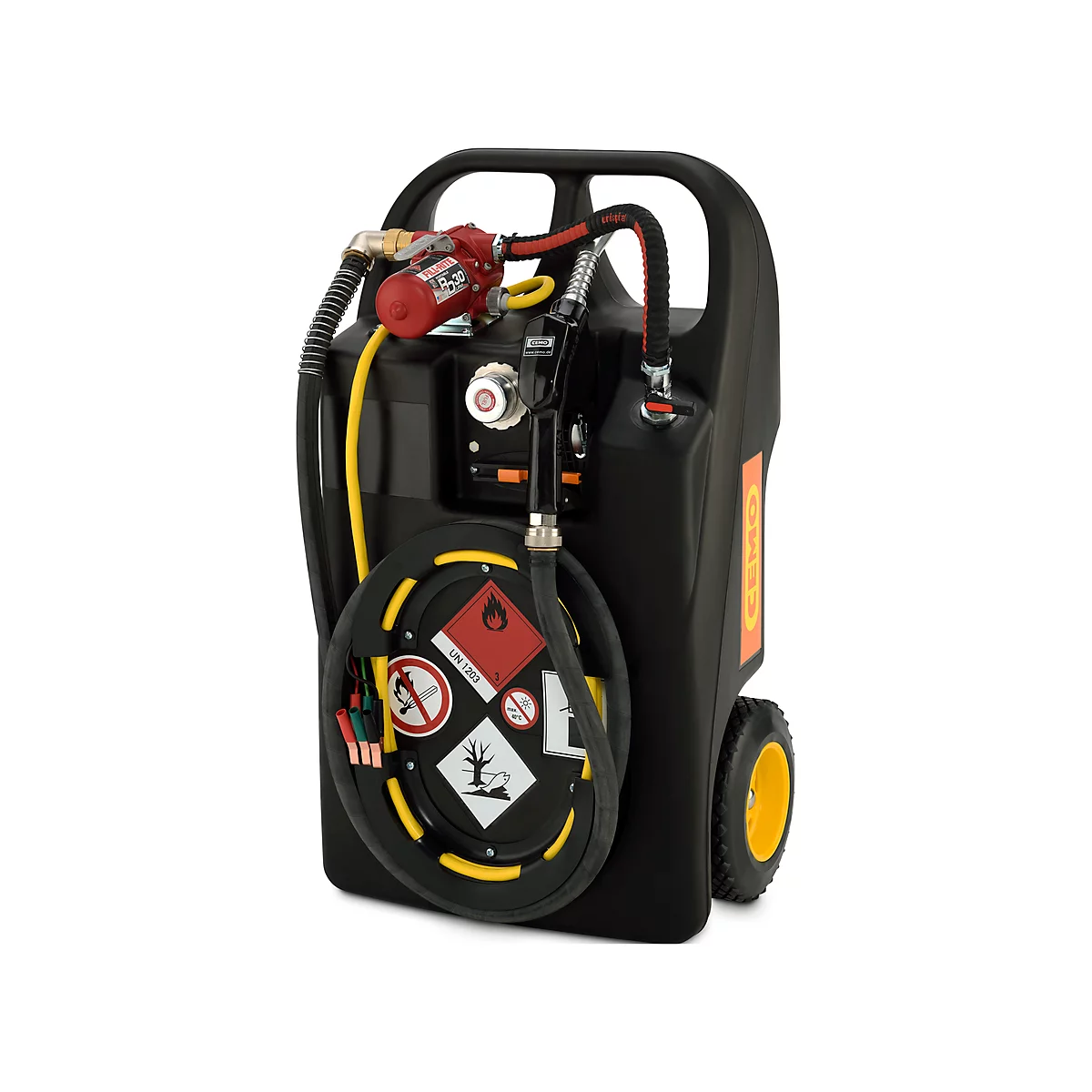 Depósito portátil tipo trolley para gasolina, 60 l, electrobomba 12 V, manguera 2,7 m