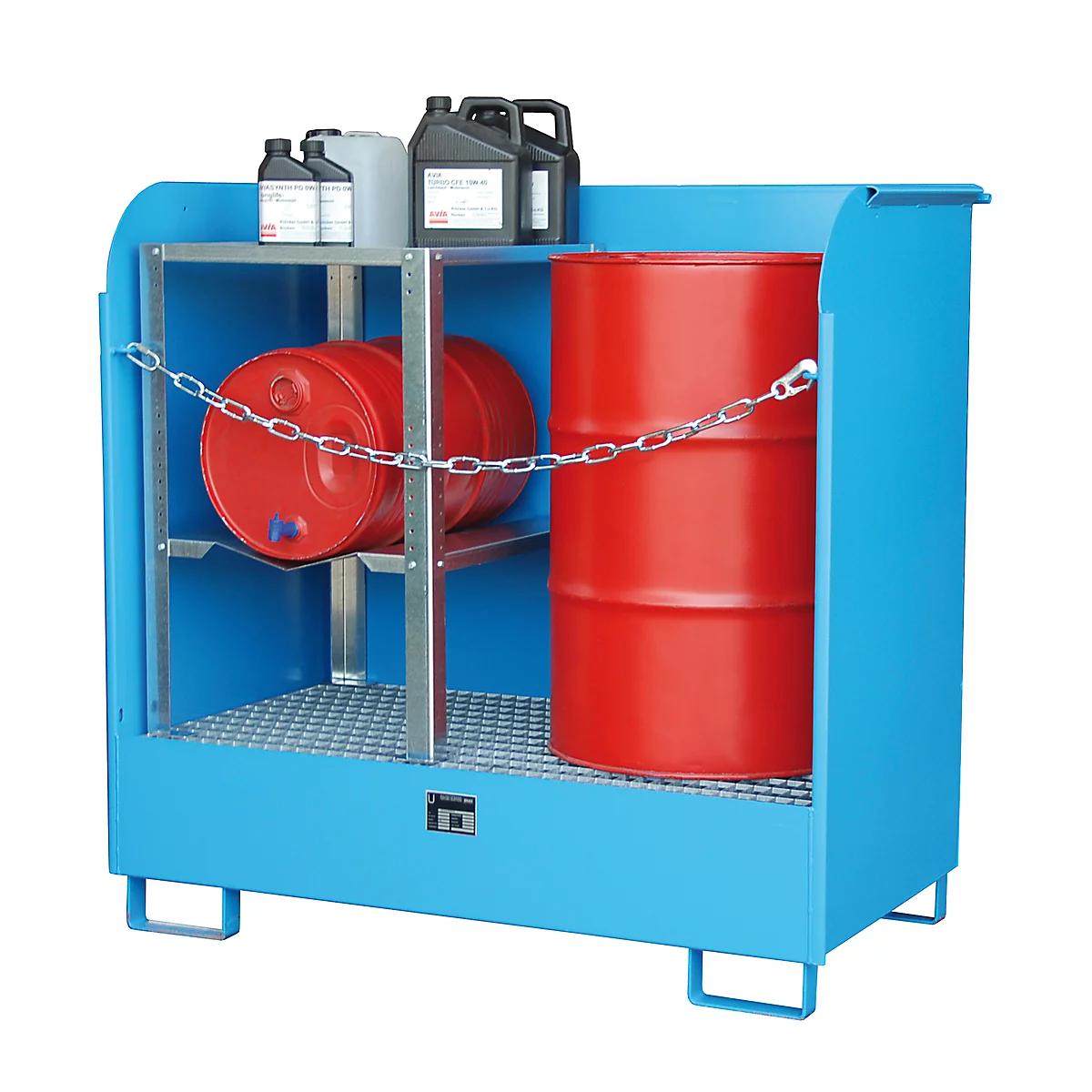 Dépôt de marchandises dangereuses de type GD-A BAUER, acier, L 1420 x l 750 x H 1370 mm, capacité du bac 220 litres, bleu clair RAL 5012