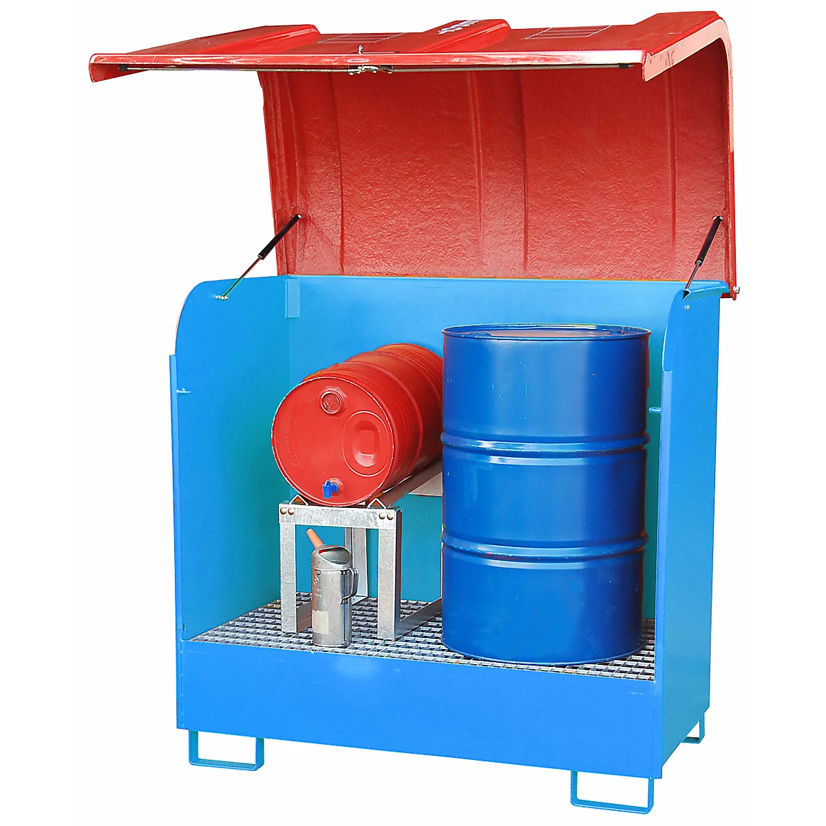 Dépôt de marchandises dangereuses de type GD-B BAUER, acier, L 1460 x l 830 x H 1460 mm, capacité du bac 220 litres, bleu clair RAL 5012