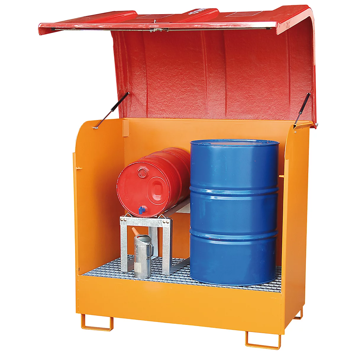 Dépôt de marchandises dangereuses de type GD-B BAUER, acier, L 1460 x l 830 x H 1460 mm, capacité du bac 220 litres, jaune-orange RAL 2000