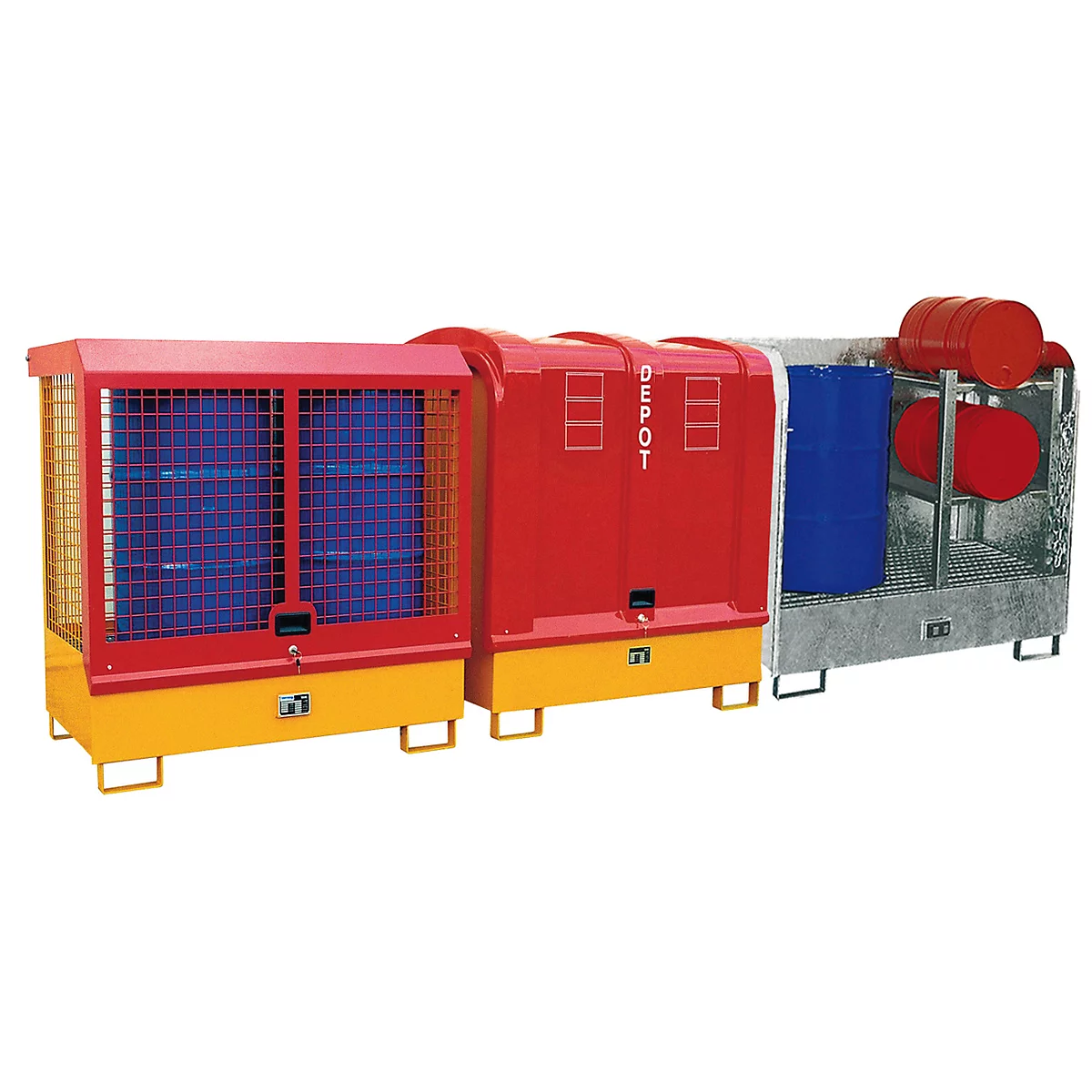 Dépôt de marchandises dangereuses de type GD-B BAUER, acier, L 1460 x l 830 x H 1460 mm, capacité du bac 220 litres, jaune-orange RAL 2000