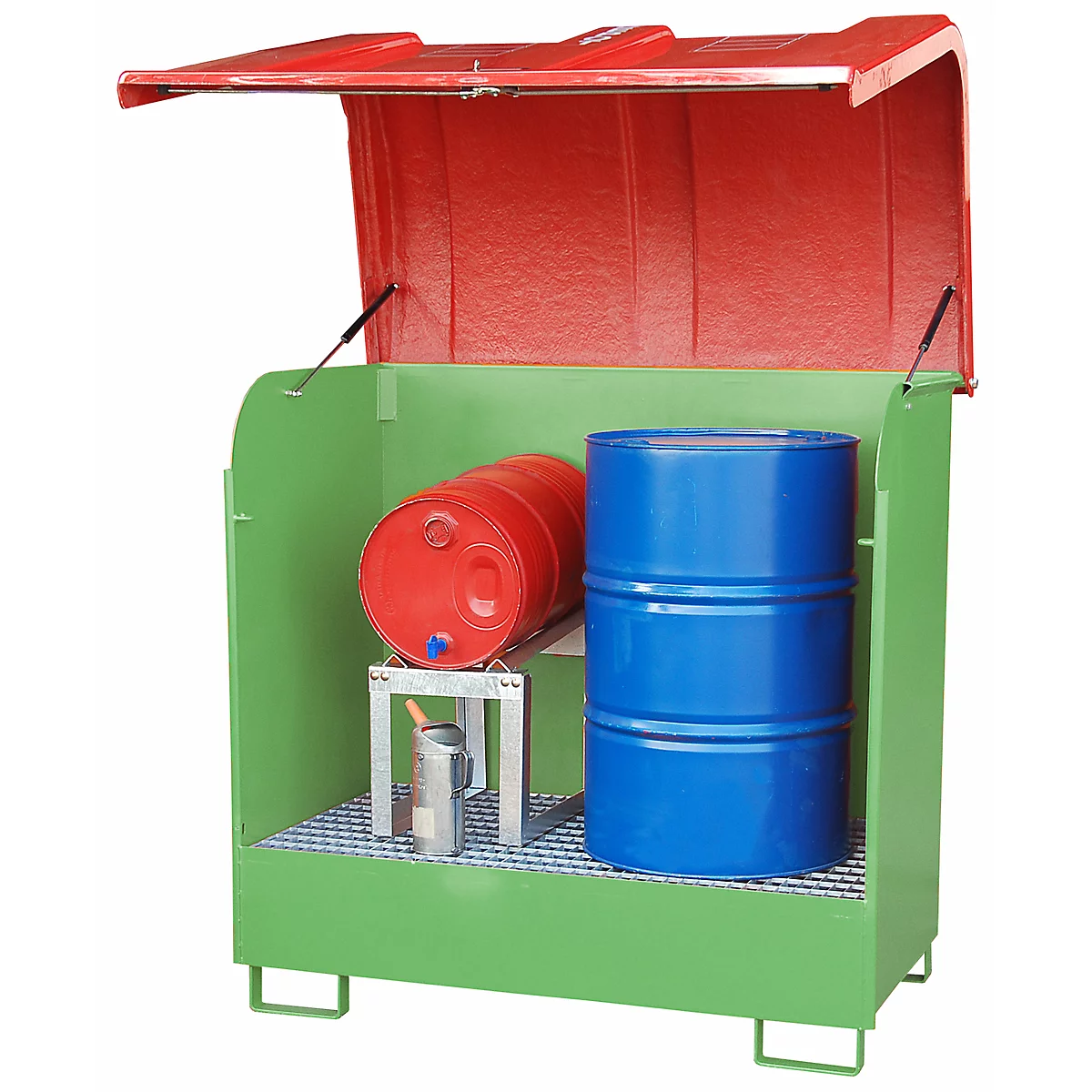 Dépôt de marchandises dangereuses type GD-B BAUER, acier, L 1460 x l 830 x H 1460 mm, volume du bac 220 litres, vert réséda RAL 6011