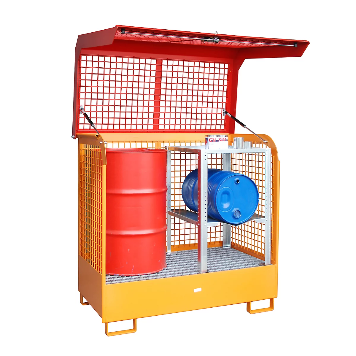 Dépôt de marchandises dangereuses type GD-C BAUER, acier, L 1430 x l 820 x H 1390 mm, serrure à cylindre, capacité du puisard 220 I, jaune orange RAL 2000