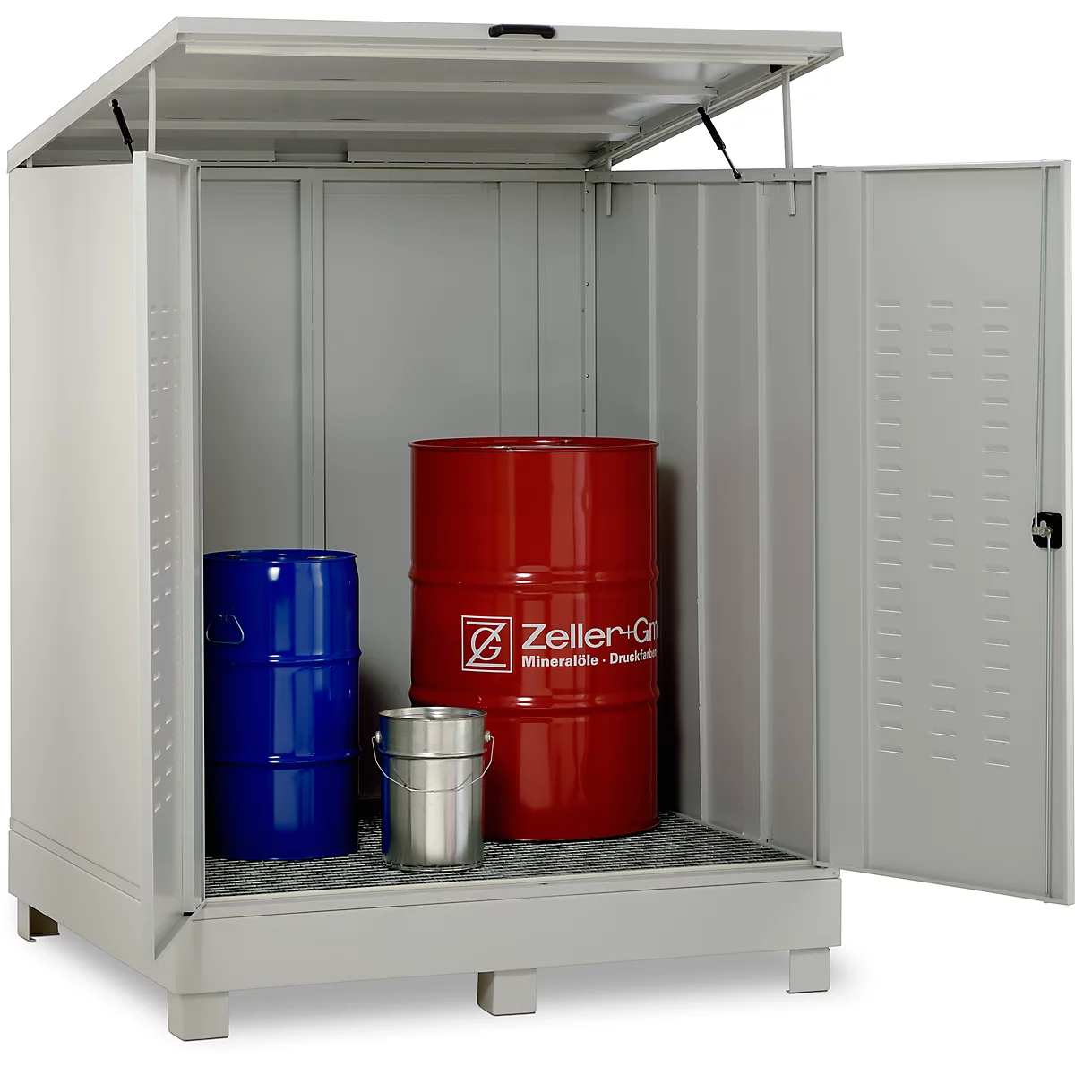 Dépôt de matières dangereuses CEMO 400, en acier, capacité du bac 400 l, verrouillable, L 1500 x P 1500 x H 1895 mm, pour 4 x 200 l/9 x 60 l