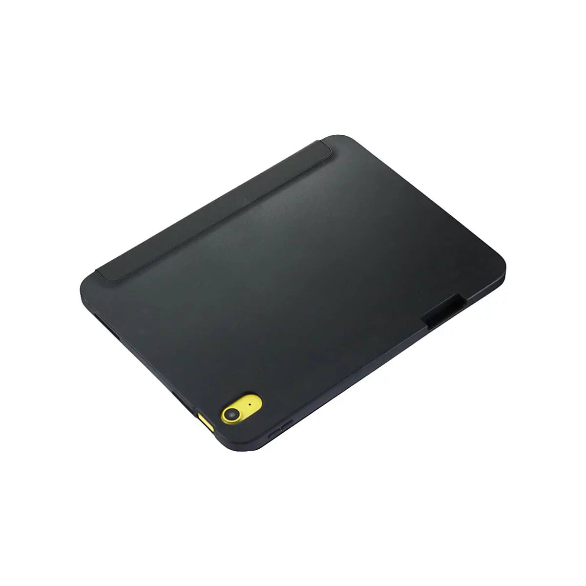 Schwarze Schutzhülle für ein Tablet mit gelber Kameraeinfassung auf weißem Hintergrund.