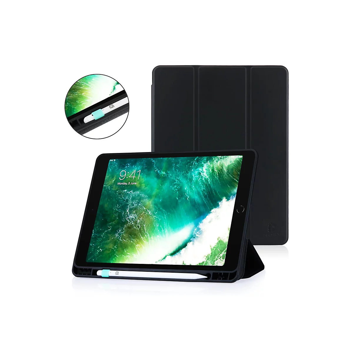 Schwarze iPad-Hülle mit Stifthalterung, aufgestelltem iPad und Detailansicht des Eingabestifts.
