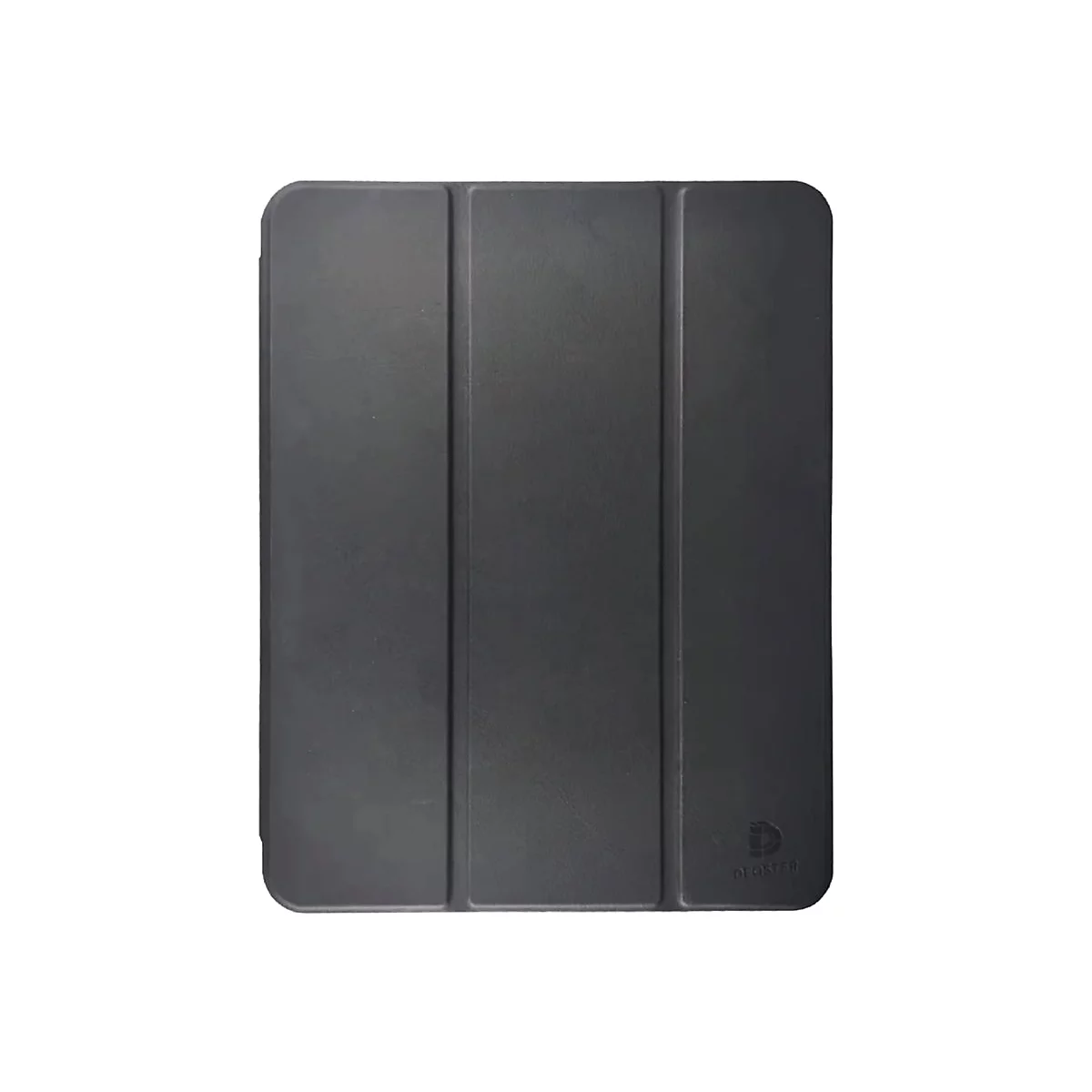 Schwarzes, dreiteilig faltbares Tablet-Schutzcover mit geprägtem DEOSTER-Logo auf weißem Hintergrund.