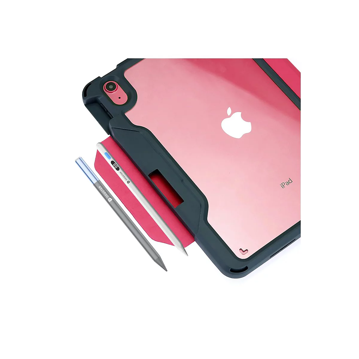 Rückseite eines rosafarbenen iPads in einer dunkelgrauen Schutzhülle mit zwei Stylus-Stiften daneben.