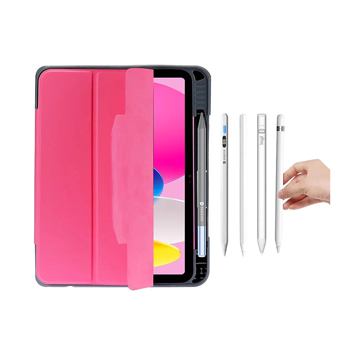 Rosa Tablethülle mit Stiftehalter und verschiedenen Stylus-Stiften daneben.