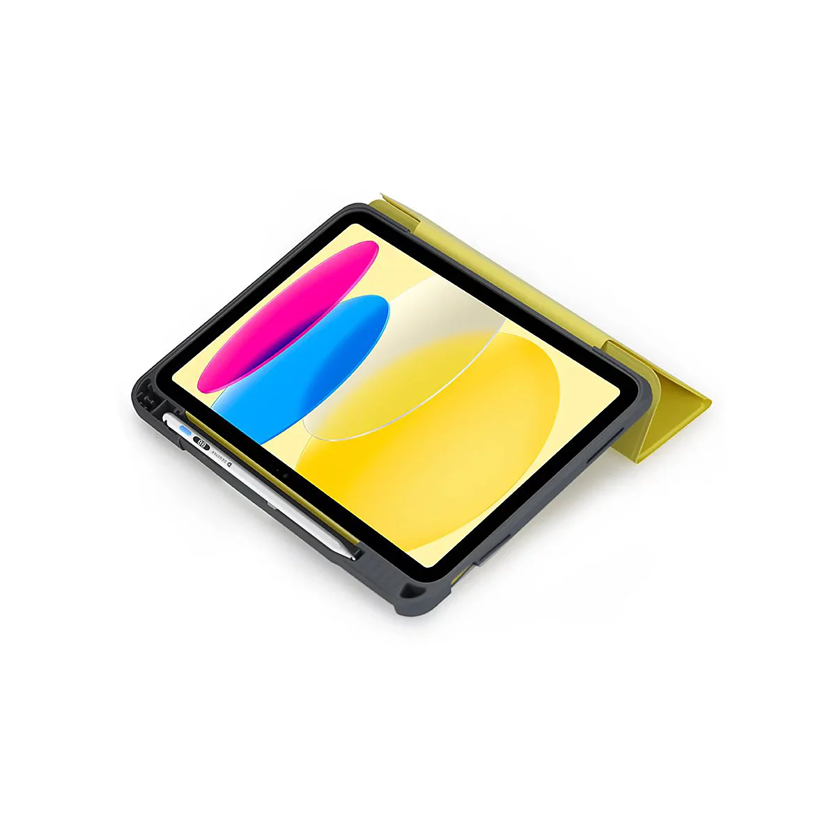 Ein iPad mit Hülle und Stift liegt diagonal vor weißem Hintergrund. Der Bildschirm zeigt ein abstraktes farbenfrohes Design. Der Stift ist am Gehäuserand befestigt.